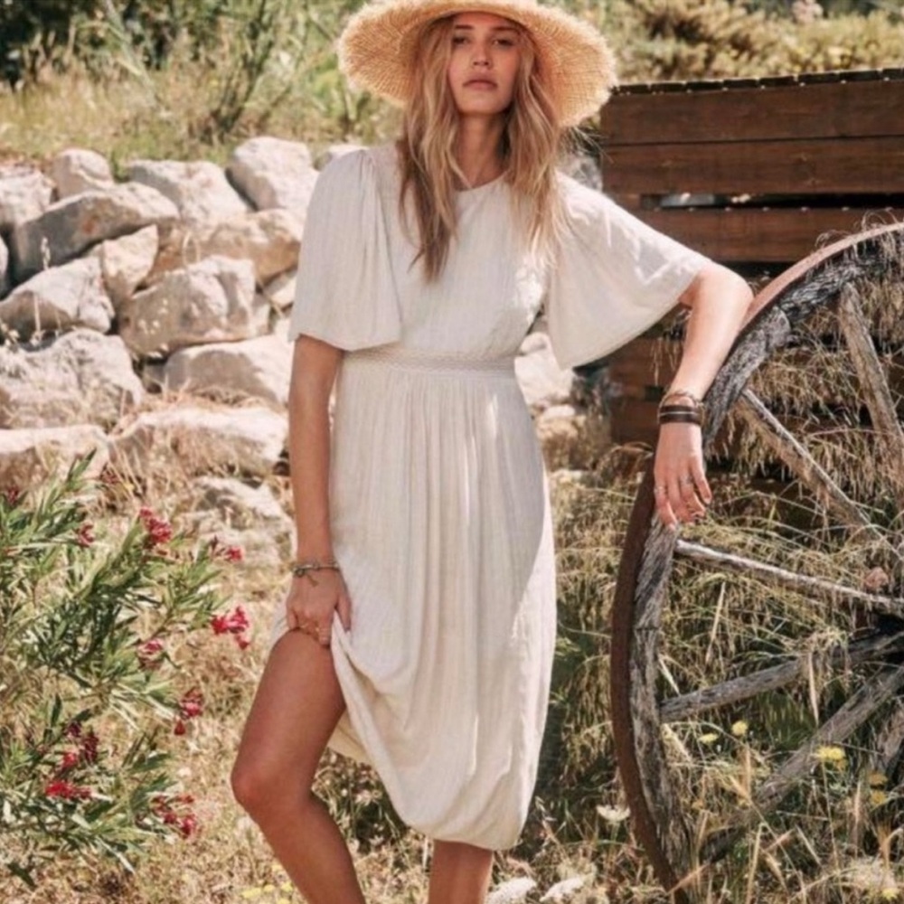 Sezane Midi Dress Emilie Tie Back Lace Archive Bohemian Cream White Size 34 XS
